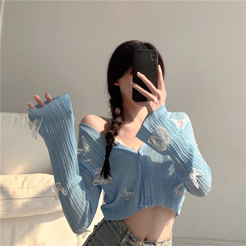 Butterfly Knit Cardigans Women V-Neck Crop Tops Ladies Summer Thin Long Sleeved