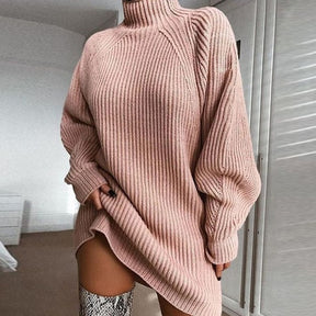 Women Turtleneck Oversized Knitted Dress Solid Long Sleeve Casual Elegant Mini Sweater Dress Plus Size