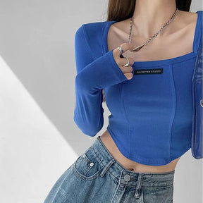 Cropped Top Women Fashion Skinny Sexy Long Sleeve T Shirts Female Casual Square Neck Tees