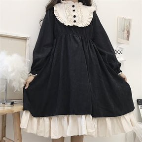 Abiti da donna in stile giapponese O-collo a vita alta che dimagrisce abito dolce lolita arruffato a contrasto di colore Kawaii