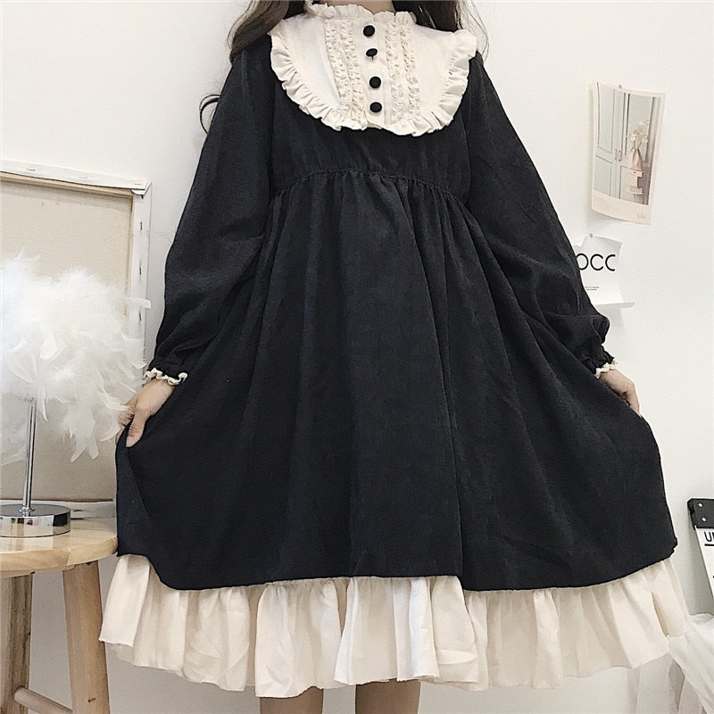 Damenkleider im japanischen Stil, O-Ausschnitt, hohe Taille, kontrastfarbenes, gekräuseltes süßes Lolita-Kleid Kawaii