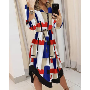 Spring Summer Lady Cover Up Women's Shirt Dress Wave Print Long Sleeve V-Neck Casual Dress Plus Size