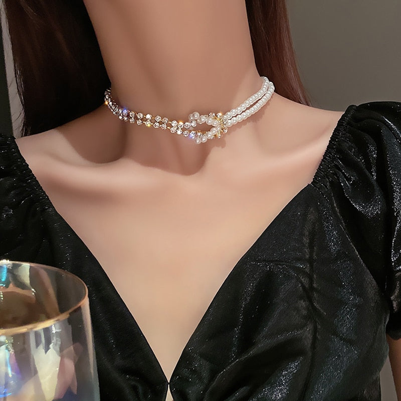 Water-wave Pearl Necklace For Women Charming Big Metal Geometric Statement Collar Necklace