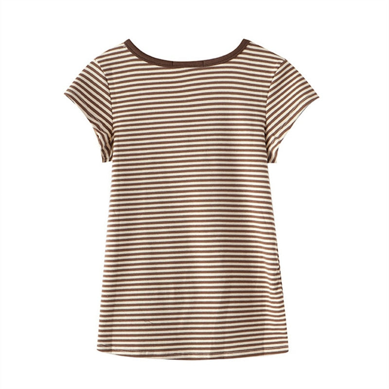 Striped Soft Cotton T-shirt 2022 Summer Fashion Slim O Neck Streetwear Tees Women Chic Tops