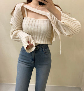 Camisole Knitted Cardigans Women Two Piece Sets 2021 Autumn Sweater Jacket Woman