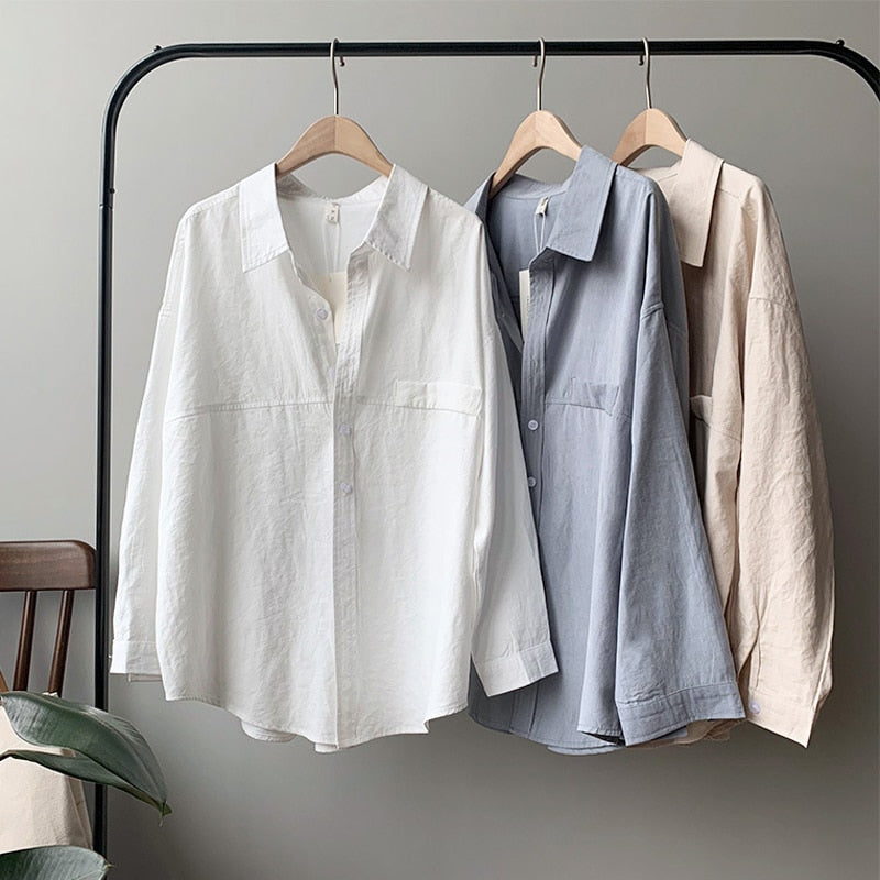 Loose Turn-down Collar Solid Female Shirts Tops Spring Summer Blouses