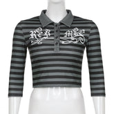 Goth Print Tops Stripe Cute T-Shirts Dark Academia Techwear Button Up V Neck Half Sleeve Sweat Shirts