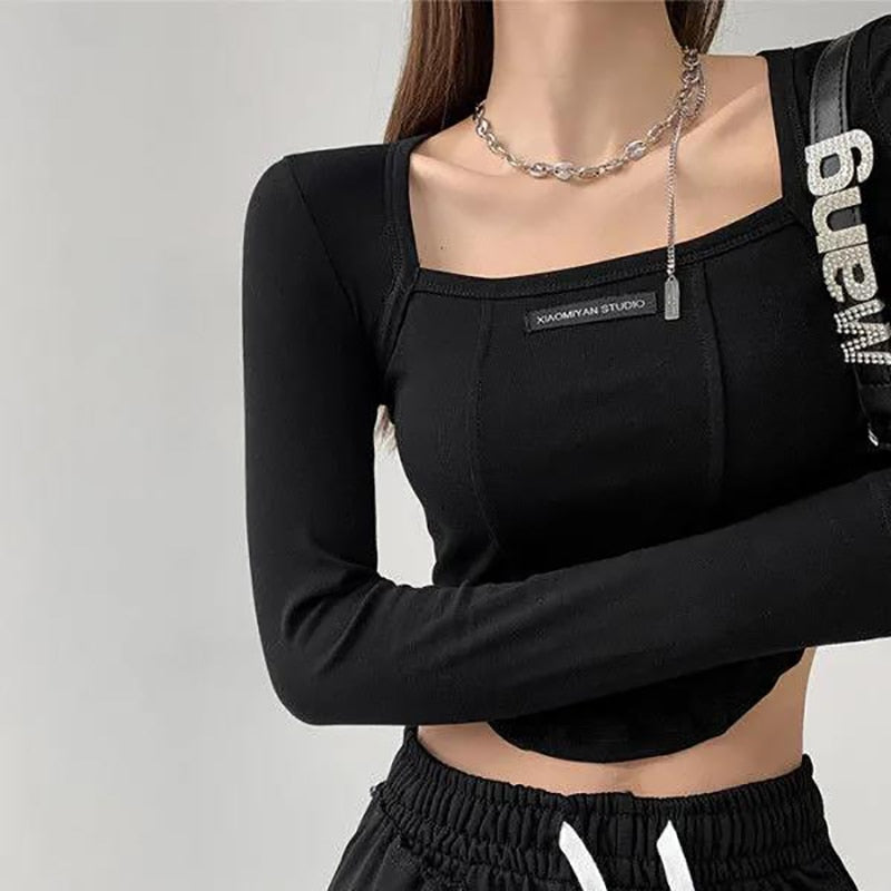 Cropped Top Women Fashion Skinny Sexy Long Sleeve T Shirts Female Casual Square Neck Tees