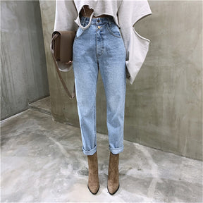 Frauen Streetwear Loose Female Denim Jeans Knöpfe Reißverschluss Damenhose