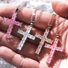 Cross Necklace Female Inlaid White/Pink Cubic Zirconia Fashionable for Party Jewelry