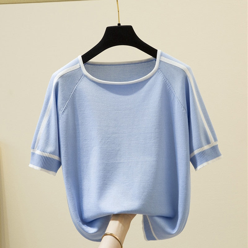 Thin Knitted T Shirt Women Short Sleeve Summer Tops Woman Clothes Striped Fashion T-Shirt