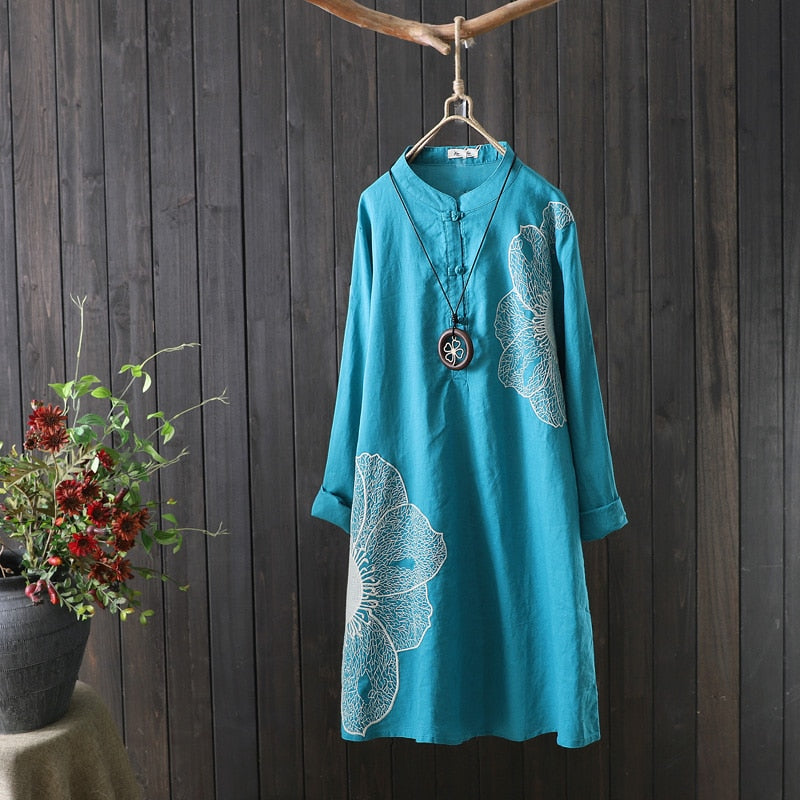 Cotton Shirt Long Sleeve Embroidery Blouse Stand Collar Loose Long Top Office Lady Casual Wear