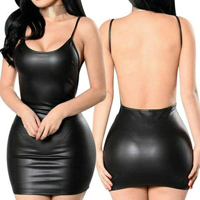 Sexy Kunstlederkleid Rückenfreies kurzes Kleid Solid Black Look Latex Bodycon Push-Up-BH Mini-Mikrokleid