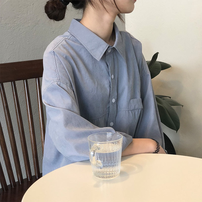 Loose Turn-down Collar Solid Female Shirts Tops Spring Summer Blouses