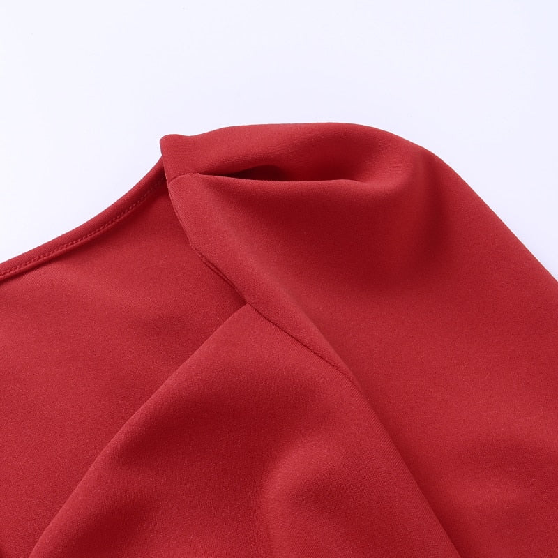 Schlankes Bleistiftkleid mit V-Ausschnitt und langen Ärmeln in der Mitte der Wade 2022 Casual Office Lady Solid Red Puff Sleeve