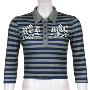 Goth Print Tops Stripe Cute T-Shirts Dark Academia Techwear Button Up V Neck Half Sleeve Sweat Shirts