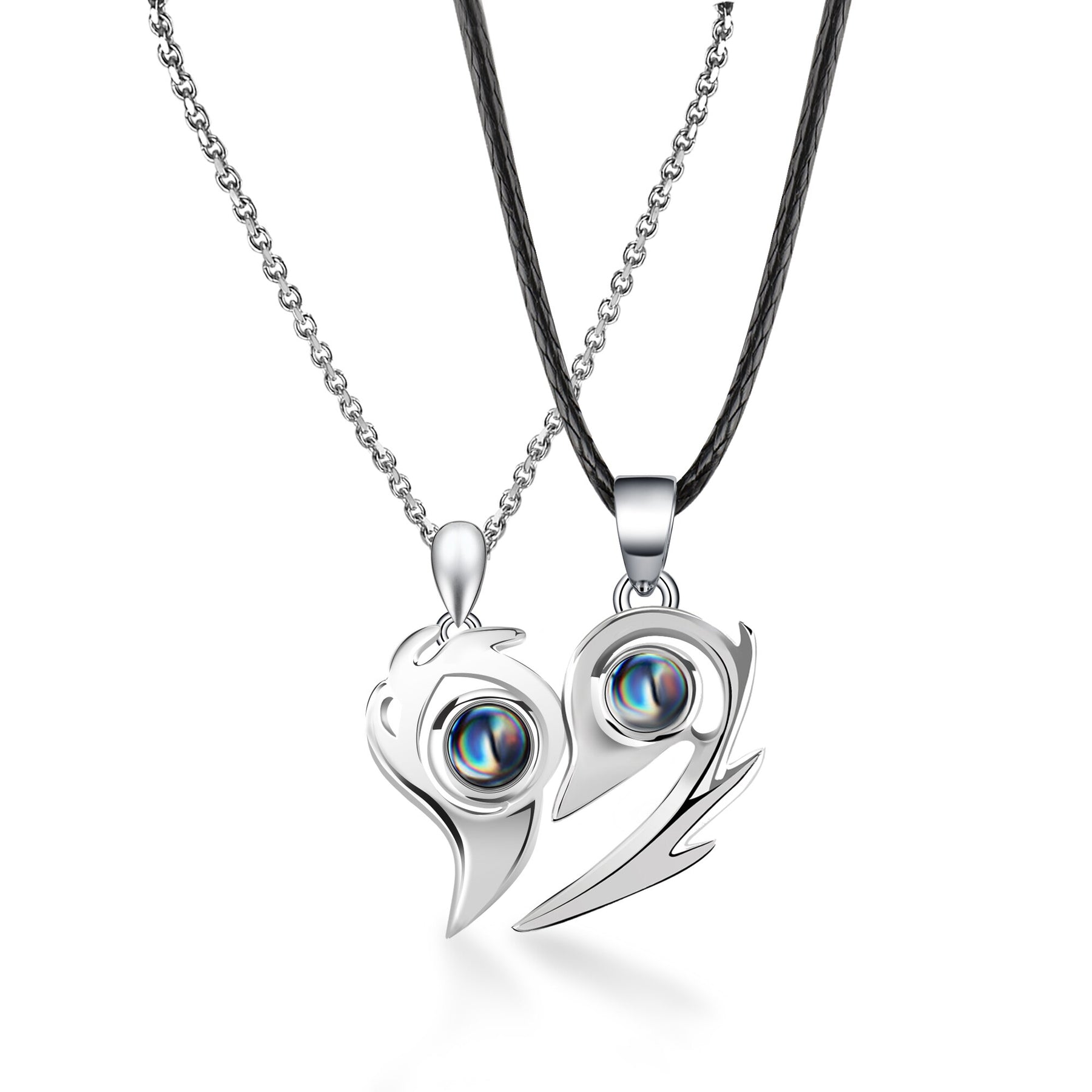 One Pair Magnetic Flame Heart Shaped Custom 100 languages Name Projection Couples Necklaces