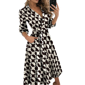 Spring Summer Lady Cover Up Women's Shirt Dress Wave Print Long Sleeve V-Neck Casual Dress Plus Size