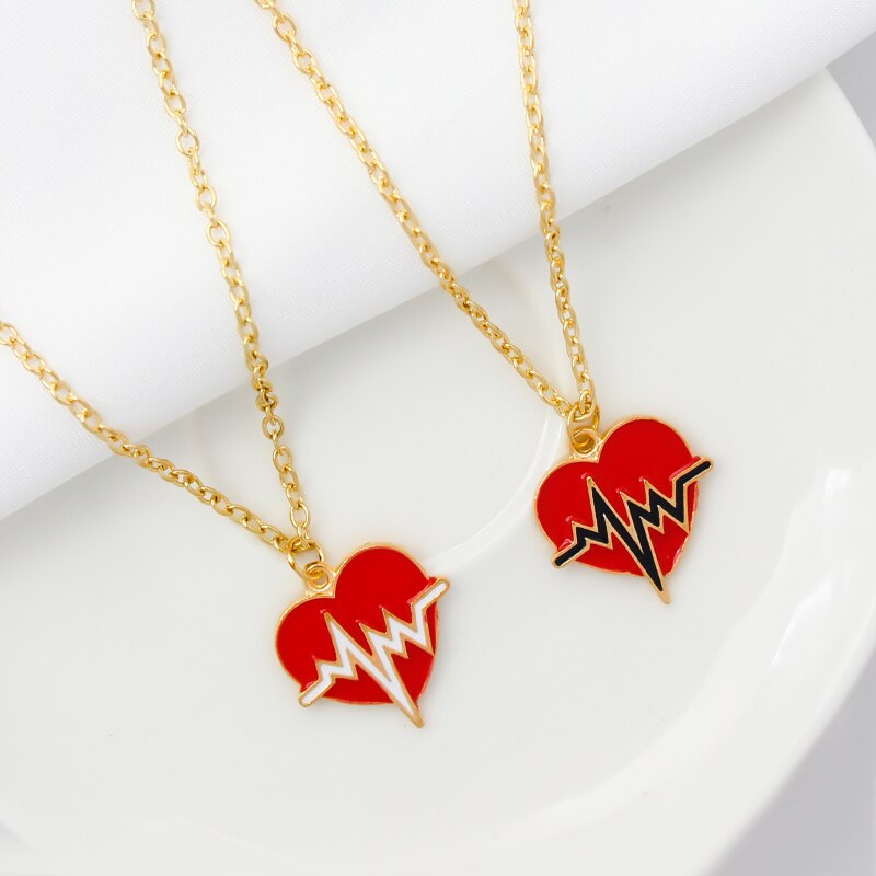 Red Heart Necklace Black/White Color Heartbeat Wave Heart Pendant Necklace