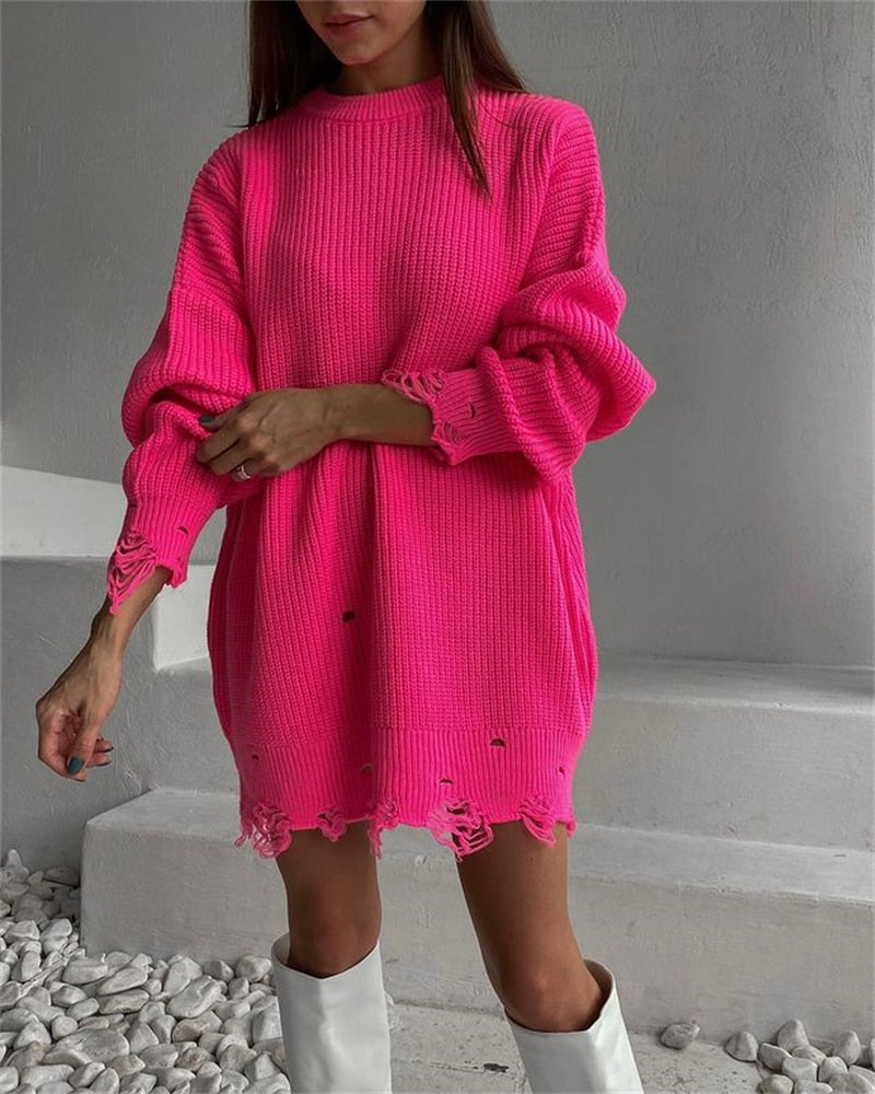 O Neck Oversized Mini Knitted Women Sweater Loose Dresses Autumn Winter Long Sleeve