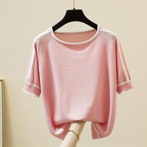 Thin Knitted T Shirt Women Short Sleeve Summer Tops Woman Clothes Striped Fashion T-Shirt