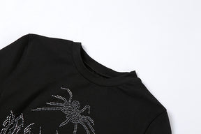 Punk Vintage Rhinestone Spider Goth Graphic T Shirt Women Y2k Style Crop Top O-neck Tshirt