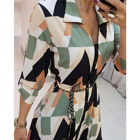 Spring Summer Lady Cover Up Women's Shirt Dress Wave Print Long Sleeve V-Neck Casual Dress Plus Size