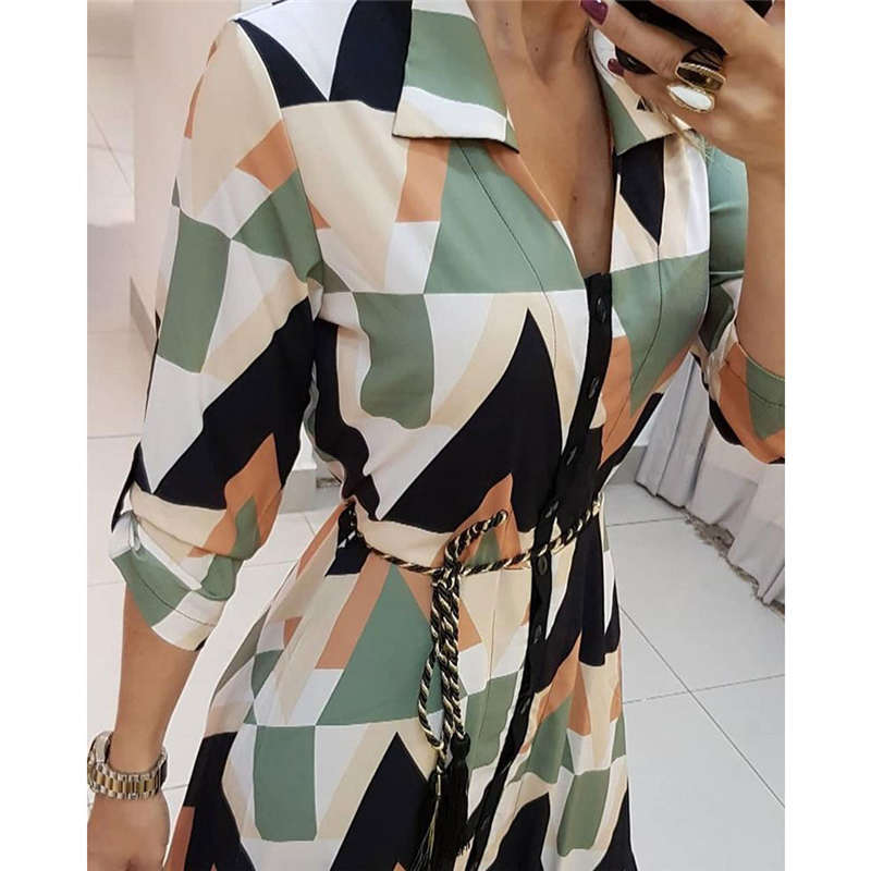 Spring Summer Lady Cover Up Women's Shirt Dress Wave Print Long Sleeve V-Neck Casual Dress Plus Size