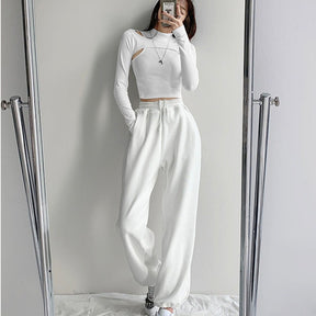 Hollow Knitted Crop Tops Women New Fitness Fake Two-piece T-shirt Female Long Sleeve Tops