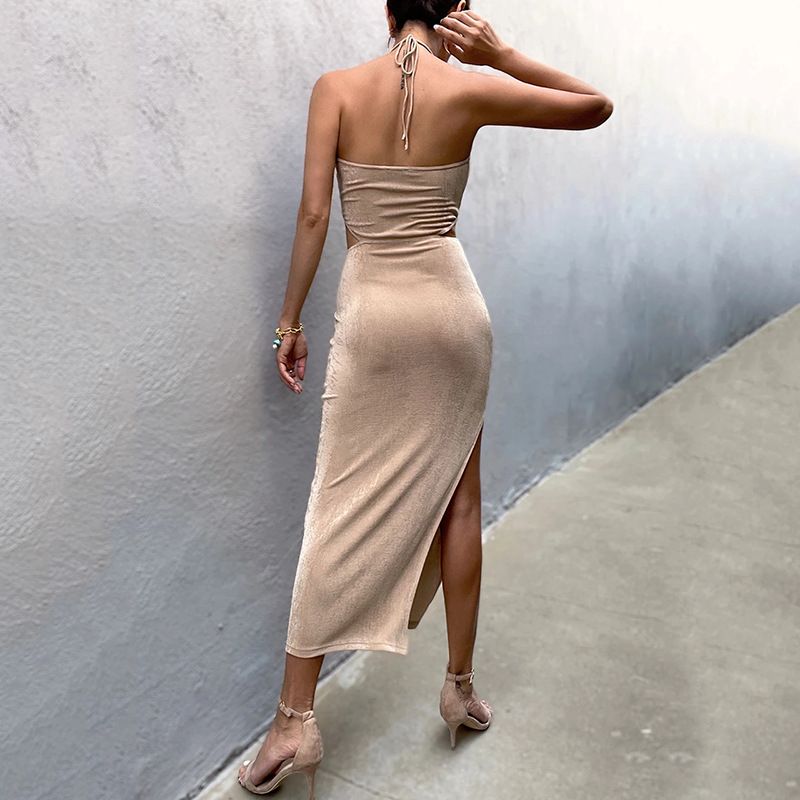 Women Halter Cut Out Backless Corset Midi Dress High Waist Split Slim Grunge Vestidos 2022 Summer