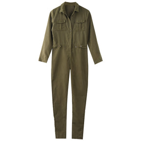 Pantaloni lunghi pagliaccetto vintage donna tuta aderente aderente manica lunga verde militare tinta unita