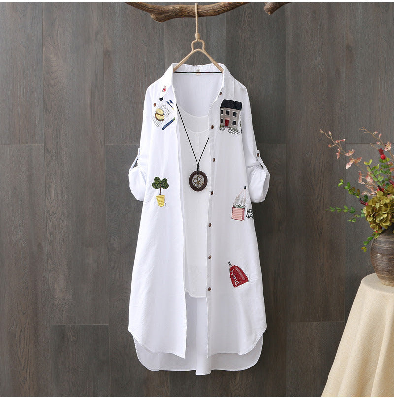 100% Cotton Women White Floral Embroidery Blouse Long Sleeve Turn Down Collar Shirt