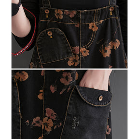 Loose Jeans Black Jumpsuit Casual Ladies Big Pockets Print Floral Denim Overalls Straps Rompers