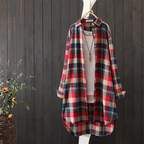 100% Cotton Plaid Shirt Long Sleeve Button Up Casua Loose Blouse Plus Size