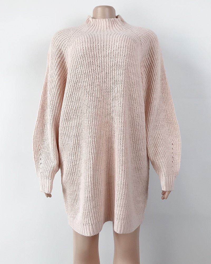 Women Turtleneck Oversized Knitted Dress Solid Long Sleeve Casual Elegant Mini Sweater Dress Plus Size