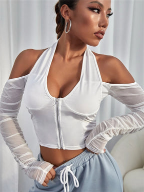 Sexy V-neck Mesh T-shirt Tops Cropped Summer Women See Through Off Shoulder Long Sleeve