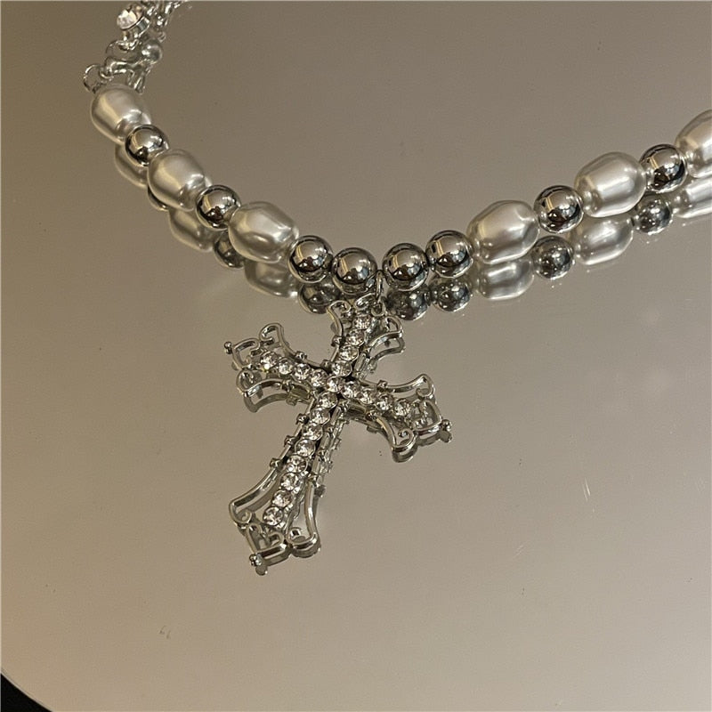 Bling Cross Pendant Necklaces for Women Girl Gift Wedding Neck Jewelry Goth Pearl Necklace