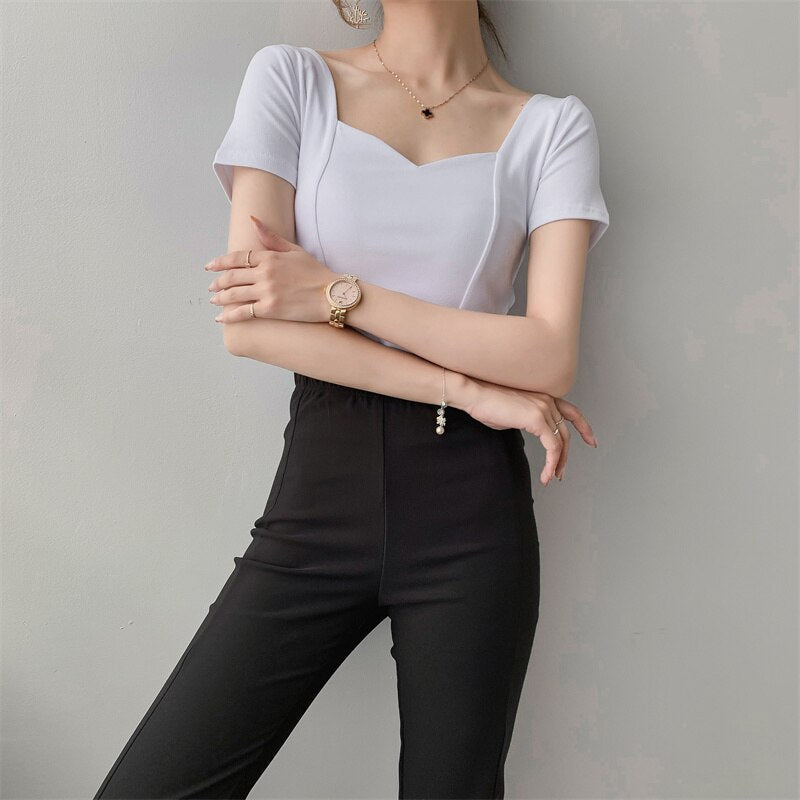 French Clavicle Square Collar Tops Women High Waist Croped Top Short Sleeve T-shirt Female