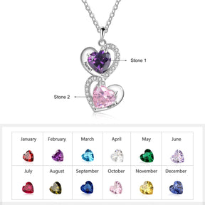 925 Sterling Silver Heart Necklace with 2 Birthstone Cubic Zirconia Custom Name Pendant