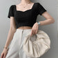 French Clavicle Square Collar Tops Women High Waist Croped Top Short Sleeve T-shirt Female