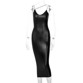 Pu Faux Leather Women Slit Midi Dress Strap V Neck Backless Bodycon Sexy Streetwear