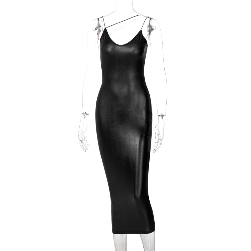 Pu-Kunstleder-Frauen-Schlitz-Midi-Kleid-Träger-V-Ausschnitt Backless Bodycon Sexy Streetwear