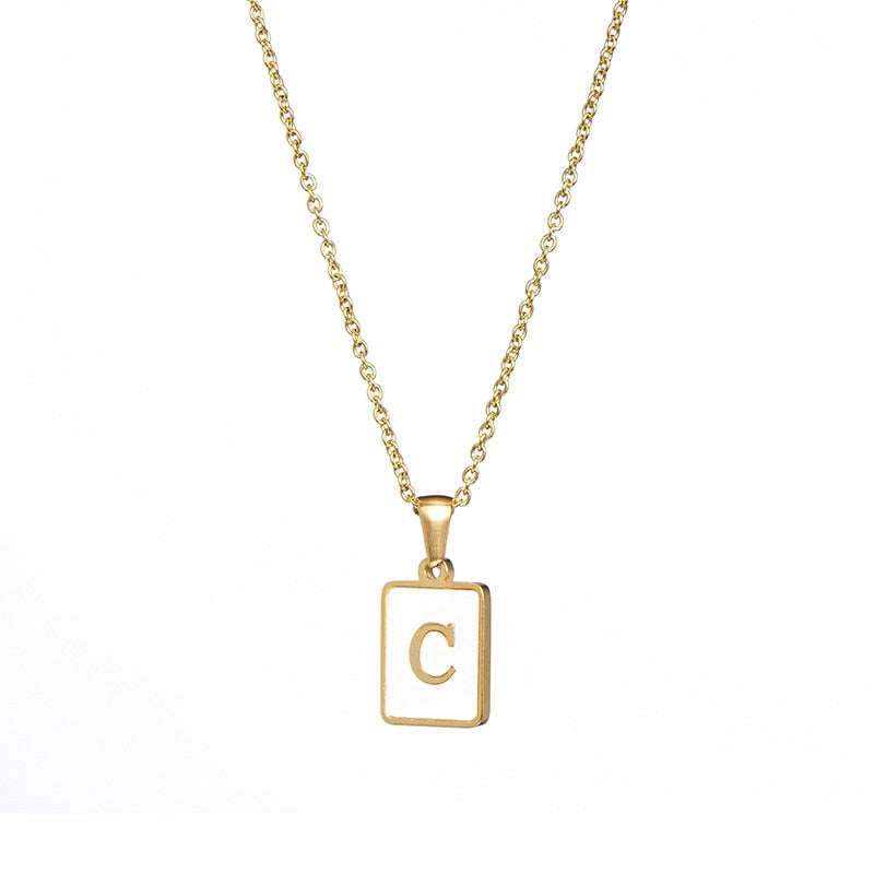 18K Golden Chain Necklaces Male Square Natural Shell Initial Letters Pendant Stainless Steel Jewelry