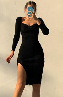 2022 Gestrickte Grün Midi Sexy Bodycon Frauen Kleid Frühling Langarm Schulterfrei Split Pullover Kleider