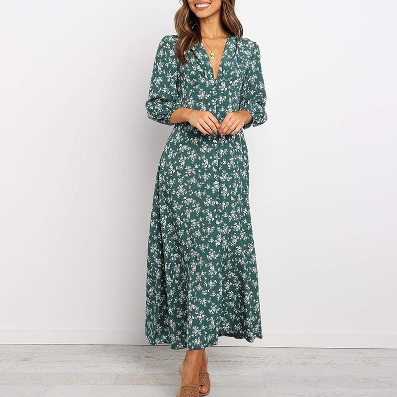 Women Chiffon Long Dress Floral Print Lantern Sleeve A-line Maxi Vestidos Vintage V Neck Dresses