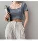 French Clavicle Square Collar Tops Women High Waist Croped Top Short Sleeve T-shirt Female