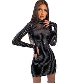 Pailletten Langarm Rollkragen Bodycon Slim Sexy Minikleid Party Club Y2K