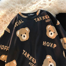 Summer Full Print Cartoon Bear Kawaii Short-Sleeved  T-Shirt Loose Harajuku Casual