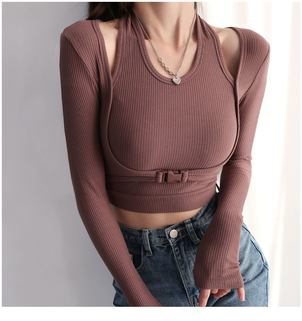 Fake Two Piece Halterneck Knitted Tops Women Tops Long Sleeved T-shirt Female