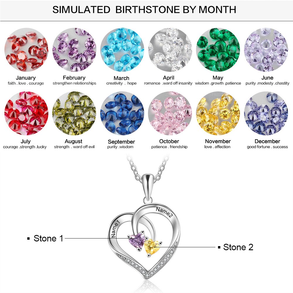 Personalisierte Herzkette mit 2 Geburtssteinen Gravierte Namenskette für Paare